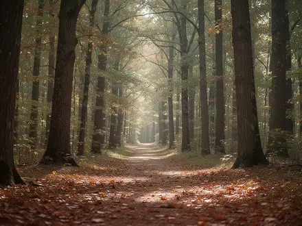 Ein sonnendurchfluteter Waldpfad mit herbstlichem Laub und Bäumen, der Ruhe und körperliche Aktivität in der Natur symbolisiert. - Foto: über boerse-global.de