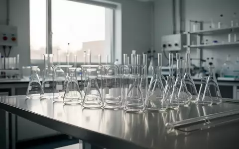 Ein modernes, steriles pharmazeutisches Forschungslabor mit leeren Glasbechern auf einem Edelstahltisch. - Foto: über boerse-global.de