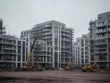 Eine unfertige Baustelle eines modernen Wohnkomplexes unter einem bewölkten Himmel. - Foto: über boerse-global.de