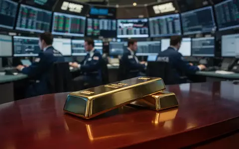 Ein goldener Barren auf einem dunklen Holztisch vor einem unscharfen Hintergrund eines Finanzhandelsplatzes. - Foto: über boerse-global.de