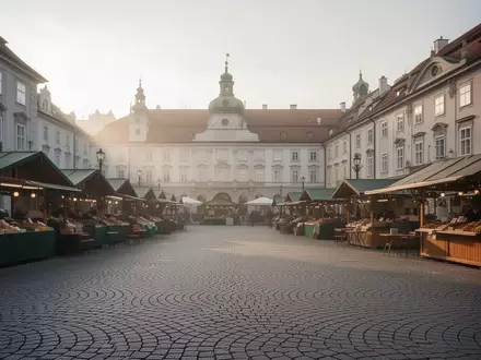 Der leere Kaiser-Josef-Markt in Graz am frühen Morgen mit Markständen und historischen Gebäuden im Hintergrund. - Foto: über boerse-global.de