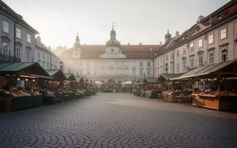 Der leere Kaiser-Josef-Markt in Graz am frühen Morgen mit Markständen und historischen Gebäuden im Hintergrund. - Foto: über boerse-global.de