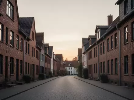 Eine menschenleere Wohnstraße mit traditionellen Backsteinhäusern in der Abenddämmerung. - Foto: über boerse-global.de