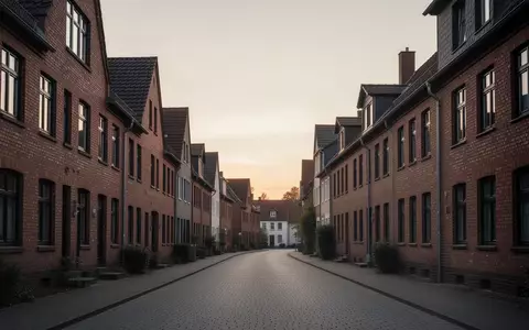 Eine menschenleere Wohnstraße mit traditionellen Backsteinhäusern in der Abenddämmerung. - Foto: über boerse-global.de
