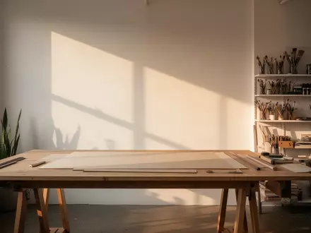 Ein minimalistischer, moderner Kreativ-Arbeitsplatz mit einem leeren Zeichentisch und sanftem Sonnenlicht in einem hellen Raum. - Foto: über boerse-global.de