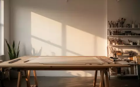 Ein minimalistischer, moderner Kreativ-Arbeitsplatz mit einem leeren Zeichentisch und sanftem Sonnenlicht in einem hellen Raum. - Foto: über boerse-global.de