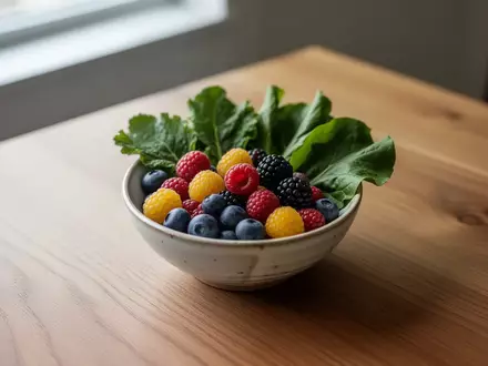 Eine Nahaufnahme einer Schale mit frischen Beeren und grünem Gemüse auf einem Holztisch bei natürlichem Tageslicht. - Foto: über boerse-global.de