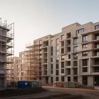 Eine Baustelle mit Rohbauten von Wohngebäuden in Hamburg bei Sonnenuntergang. - Foto: über boerse-global.de