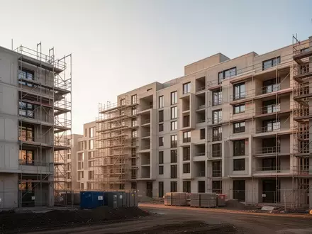 Eine Baustelle mit Rohbauten von Wohngebäuden in Hamburg bei Sonnenuntergang. - Foto: über boerse-global.de