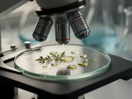 Laborumgebung mit einem Mikroskop und pflanzlichen Extrakten auf einem Objektträger für dermatologische Forschung - Foto: über boerse-global.de