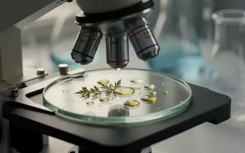 Laborumgebung mit einem Mikroskop und pflanzlichen Extrakten auf einem Objektträger für dermatologische Forschung - Foto: über boerse-global.de