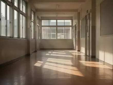Ein leerer, sonnendurchfluteter Schulflur mit langen Schatten auf dem Boden, der eine ruhige und nachdenkliche Atmosphäre vermittelt. - Foto: über boerse-global.de