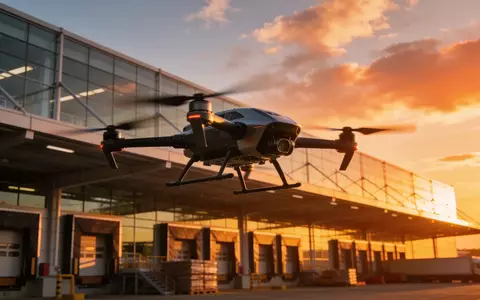 Eine moderne Drohne über einer Logistikanlage bei Sonnenuntergang. - Foto: über boerse-global.de