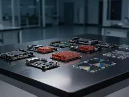 Ein minimalistischer, industrieller Labortisch mit elektronischen Hardware-Komponenten und Kühlkörpern in einer modernen Werkstatt. - Foto: über boerse-global.de
