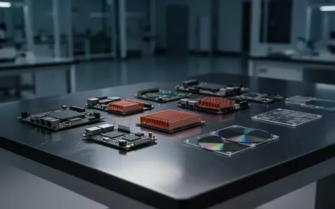Ein minimalistischer, industrieller Labortisch mit elektronischen Hardware-Komponenten und Kühlkörpern in einer modernen Werkstatt. - Foto: über boerse-global.de