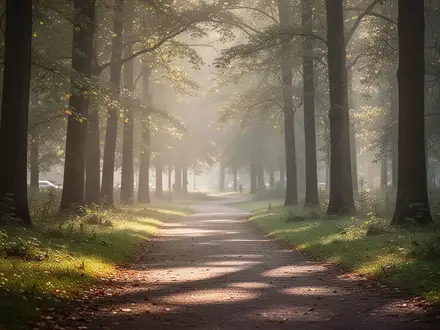 Ein sonniger Waldweg in einem ruhigen Park am frühen Morgen. - Foto: über boerse-global.de