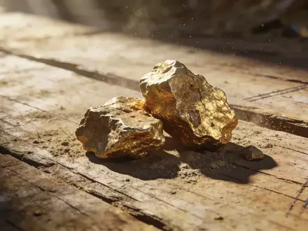 Rohe Goldnuggets auf einer staubigen Holzoberfläche in einer Bergbauregion. - Foto: über boerse-global.de