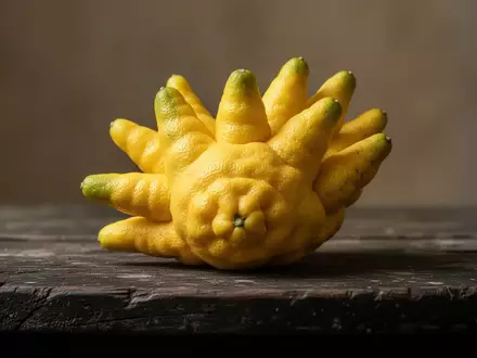 Eine Buddha-Hand-Frucht mit ihren charakteristischen fingerartigen Segmenten liegt auf einer rustikalen Holzoberfläche. - Foto: über boerse-global.de