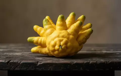 Eine Buddha-Hand-Frucht mit ihren charakteristischen fingerartigen Segmenten liegt auf einer rustikalen Holzoberfläche. - Foto: über boerse-global.de