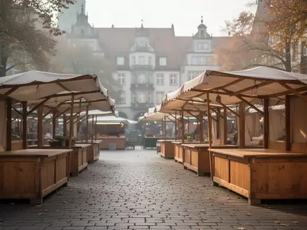 Leere Marktstände auf einem gepflasterten Marktplatz in der Morgensonne. - Foto: über boerse-global.de