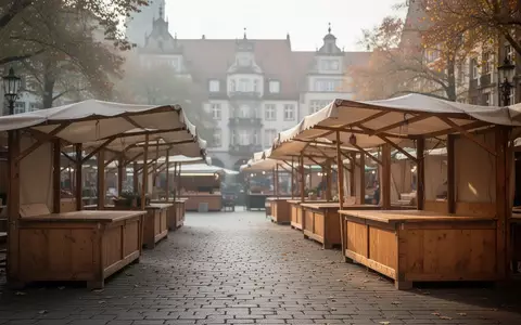 Leere Marktstände auf einem gepflasterten Marktplatz in der Morgensonne. - Foto: über boerse-global.de
