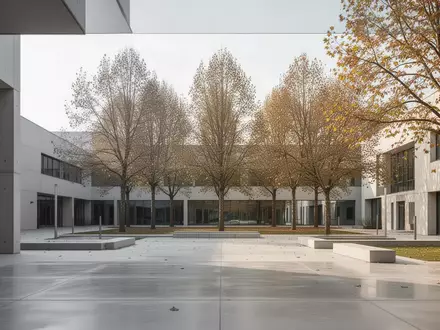 Ein moderner, heller Universitäts-Campus mit klaren architektonischen Linien und Bäumen im Hintergrund bei natürlichem Tageslicht. - Foto: über boerse-global.de
