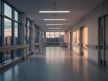 Ein steriler, menschenleerer Krankenhausflur bei Dämmerlicht mit einfallendem Tageslicht durch große Fenster. - Foto: über boerse-global.de