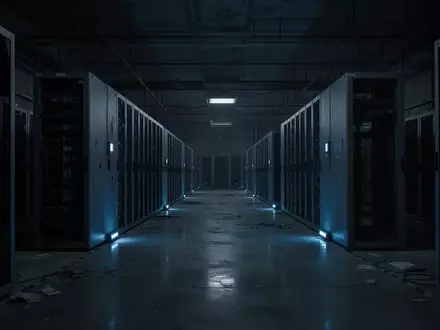 Dunkler, verlassener Serverraum mit unbeleuchteten Server-Racks in einer kühlen, industriellen Umgebung. - Foto: über boerse-global.de