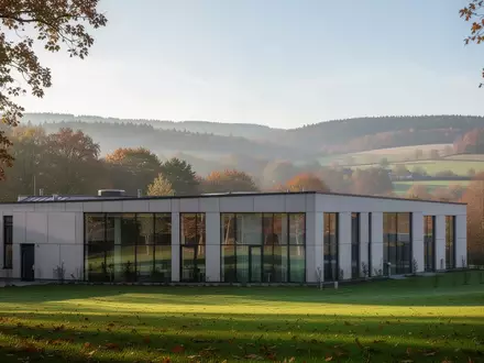 Modernes Klinikgebäude in einer grünen Hügellandschaft in Hessen bei hellem Tageslicht. - Foto: über boerse-global.de