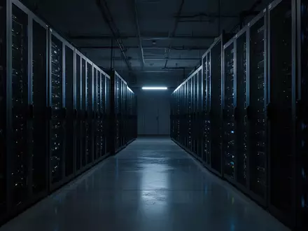 Ein minimalistisch beleuchteter Serverraum mit dunklen Rack-Systemen in einer kühlen, industriellen Umgebung. - Foto: über boerse-global.de