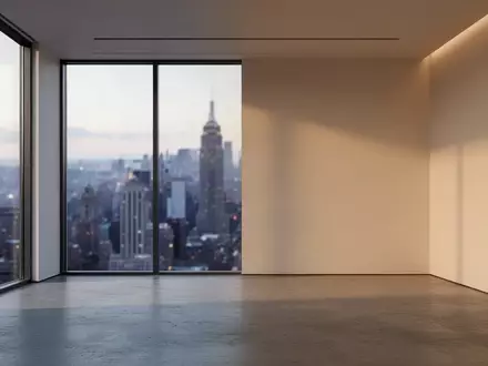 Ein minimalistisches, leeres Büro mit Blick auf eine Stadt bei Dämmerung. - Foto: über boerse-global.de