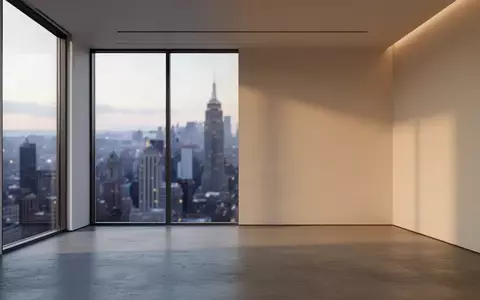 Ein minimalistisches, leeres Büro mit Blick auf eine Stadt bei Dämmerung. - Foto: über boerse-global.de