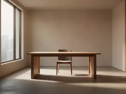 Ein minimalistischer, sonnendurchfluteter Arbeitsraum mit einem leeren Schreibtisch in einer ruhigen Umgebung. - Foto: über boerse-global.de