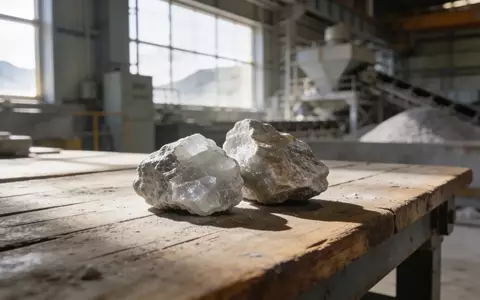 Rohstücke aus Lithiumerz auf einem Holztisch in einer Industrieumgebung. - Foto: über boerse-global.de