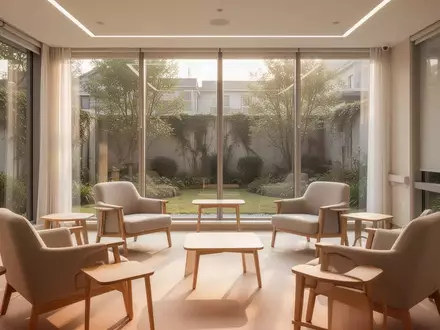Ein lichtdurchfluteter, modern gestalteter Aufenthaltsraum in einer Klinik mit Blick in einen ruhigen Garten. - Foto: über boerse-global.de