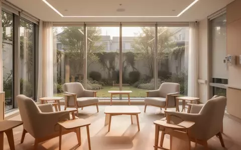 Ein lichtdurchfluteter, modern gestalteter Aufenthaltsraum in einer Klinik mit Blick in einen ruhigen Garten. - Foto: über boerse-global.de