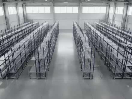 Eine leere, modern gestaltete Lagerhalle mit geordneten Regalsystemen und poliertem Betonboden in einer minimalistischen Ästhetik. - Foto: über boerse-global.de