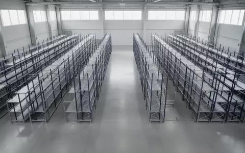Eine leere, modern gestaltete Lagerhalle mit geordneten Regalsystemen und poliertem Betonboden in einer minimalistischen Ästhetik. - Foto: über boerse-global.de