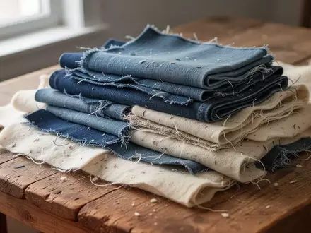 Ein Haufen verschiedener Stoffreste und recycelter Textilien auf einem Holztisch. - Foto: über boerse-global.de