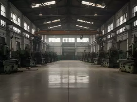 Leere Industriehalle mit ungenutzten Maschinen und kühlem Tageslichteinfall. - Foto: über boerse-global.de