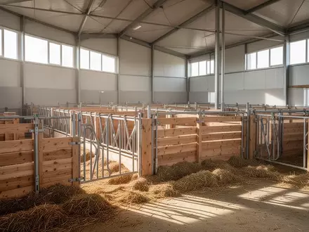 Sauberer, moderner Kälberstall mit leeren Holzboxen und frischem Stroh bei natürlichem Lichteinfall. - Foto: über boerse-global.de
