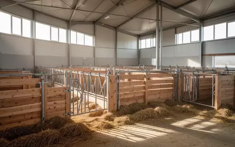 Sauberer, moderner Kälberstall mit leeren Holzboxen und frischem Stroh bei natürlichem Lichteinfall. - Foto: über boerse-global.de