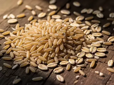 Nahaufnahme von rohen braunen Reiskörnern und Haferkernen, die natürlich auf einer dunklen Holzoberfläche verstreut liegen. - Foto: über boerse-global.de