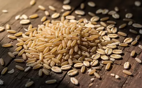 Nahaufnahme von rohen braunen Reiskörnern und Haferkernen, die natürlich auf einer dunklen Holzoberfläche verstreut liegen. - Foto: über boerse-global.de