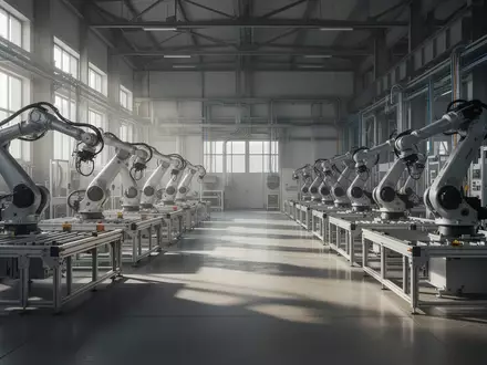 Eine moderne, automatisierte Produktionshalle mit leeren Montagestationen und industrieller Infrastruktur. - Foto: über boerse-global.de