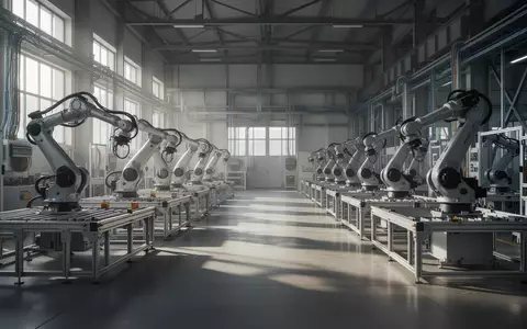 Eine moderne, automatisierte Produktionshalle mit leeren Montagestationen und industrieller Infrastruktur. - Foto: über boerse-global.de