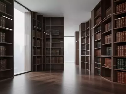 Ein minimalistischer, moderner Innenraum einer Anwaltskanzlei mit hohen Holzregalen voller juristischer Fachliteratur. - Foto: über boerse-global.de