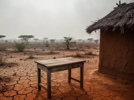 Eine trockene, ländliche Landschaft in Nigeria mit einer verwitterten Holzbank vor einem einfachen Lehmgebäude. - Foto: über boerse-global.de