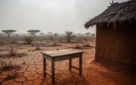 Eine trockene, lĂ€ndliche Landschaft in Nigeria mit einer verwitterten Holzbank vor einem einfachen LehmgebĂ€ude. - Foto: ĂŒber boerse-global.de