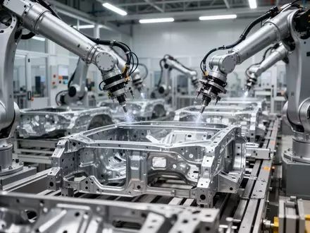Automatisierte Fertigungslinie in einer modernen Fabrik mit Industrierobotern an Metallbauteilen. - Foto: über boerse-global.de